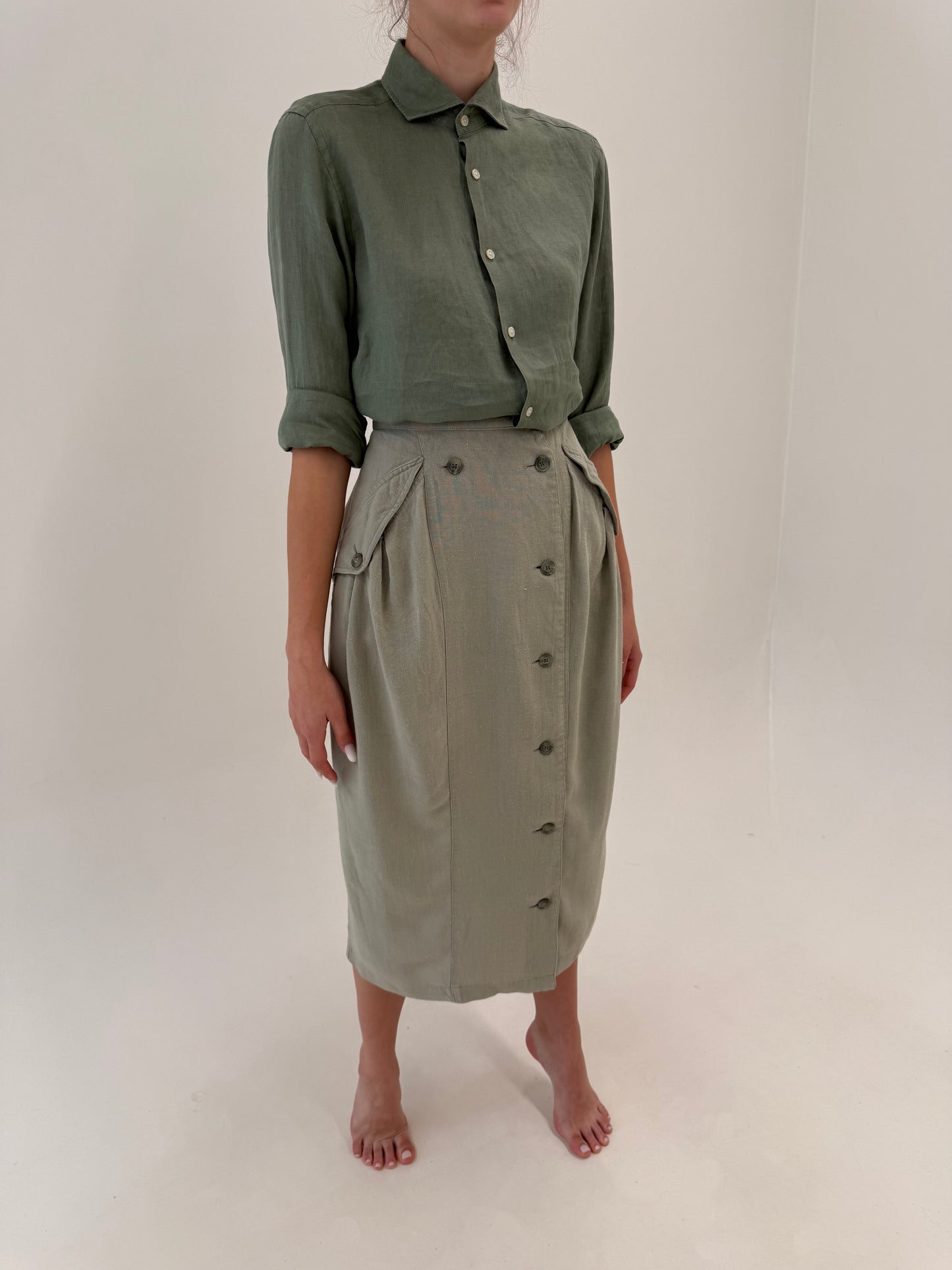 Fustă Sage green vintage din pânză excepțională în croi retro modern ovoidal