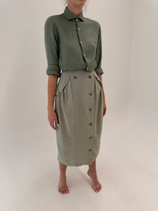 Fustă Sage green vintage din pânză excepțională în croi retro modern ovoidal
