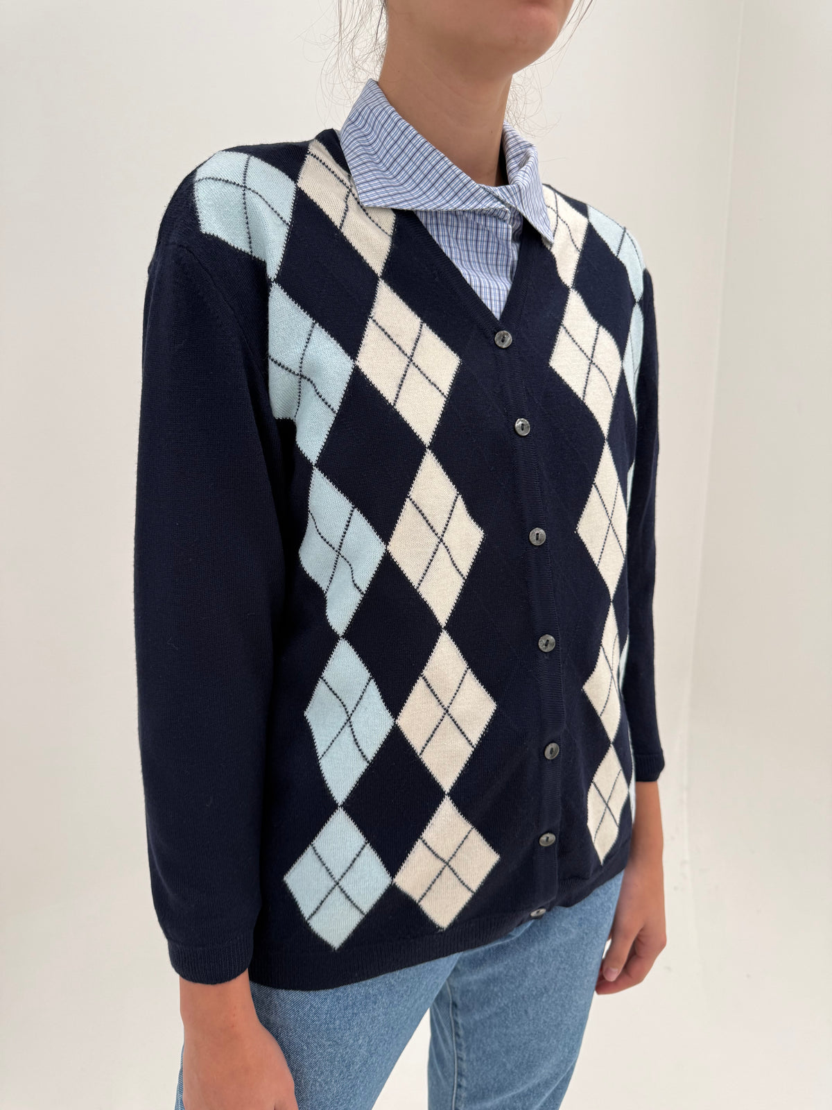 Cardigan italian Argyle din lana extrafina și culori clasice