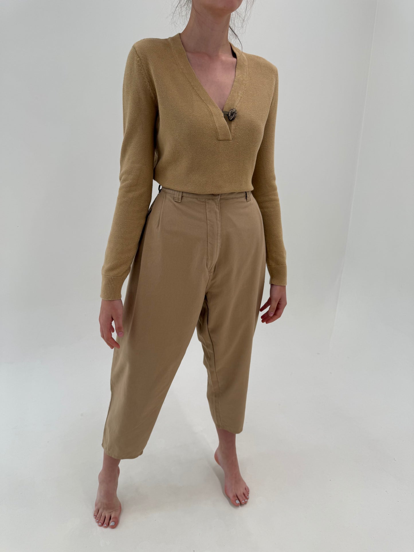 Pantaloni camel din bumbac premium moale cu talie ultra înaltă și solduri generoase
