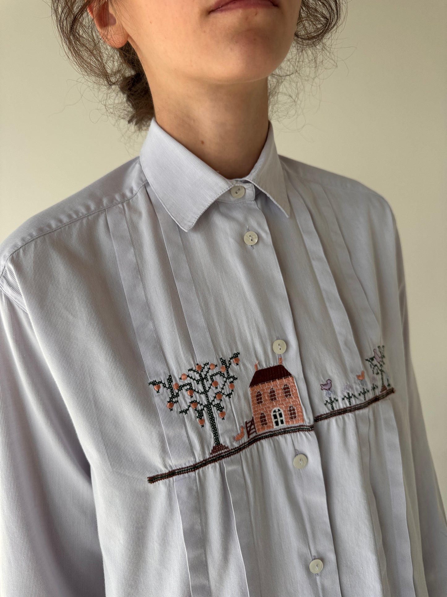 Cămașa vintage Stefanel cu broderie superbă light lavender din poplin texturat