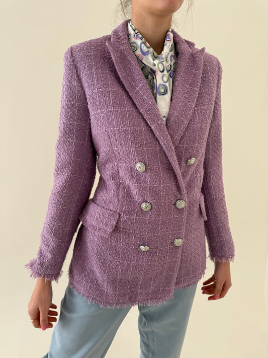 Sacouri noi lavandă din tweed de bumbac cu lana și nasturi metalici argintii
