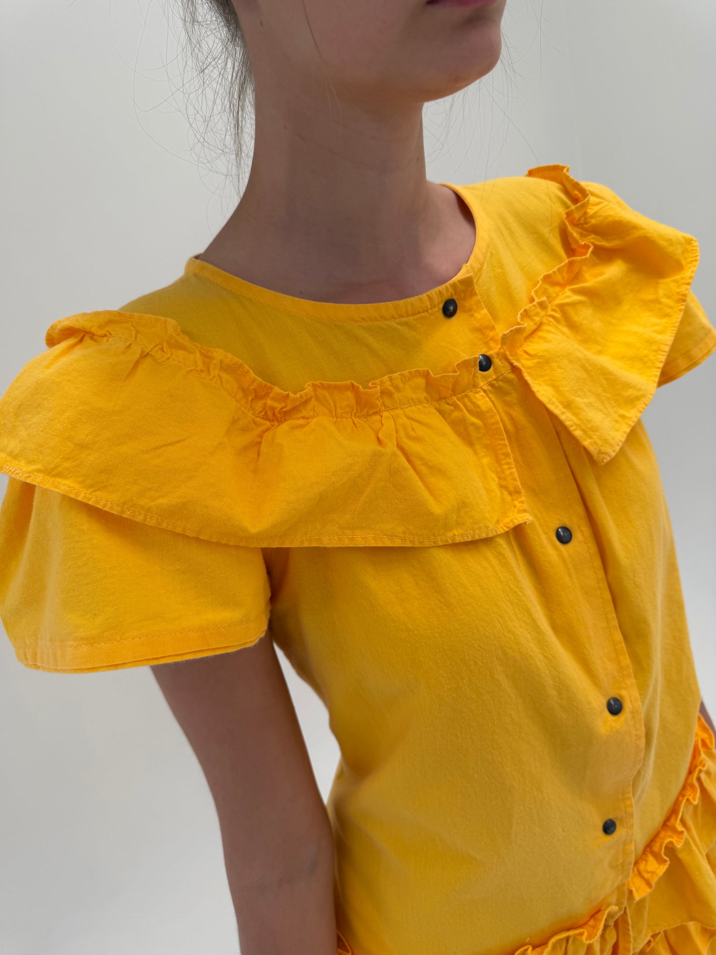 Rochie vintage de designer saffron yellow cu volane vin poplin de bumbac