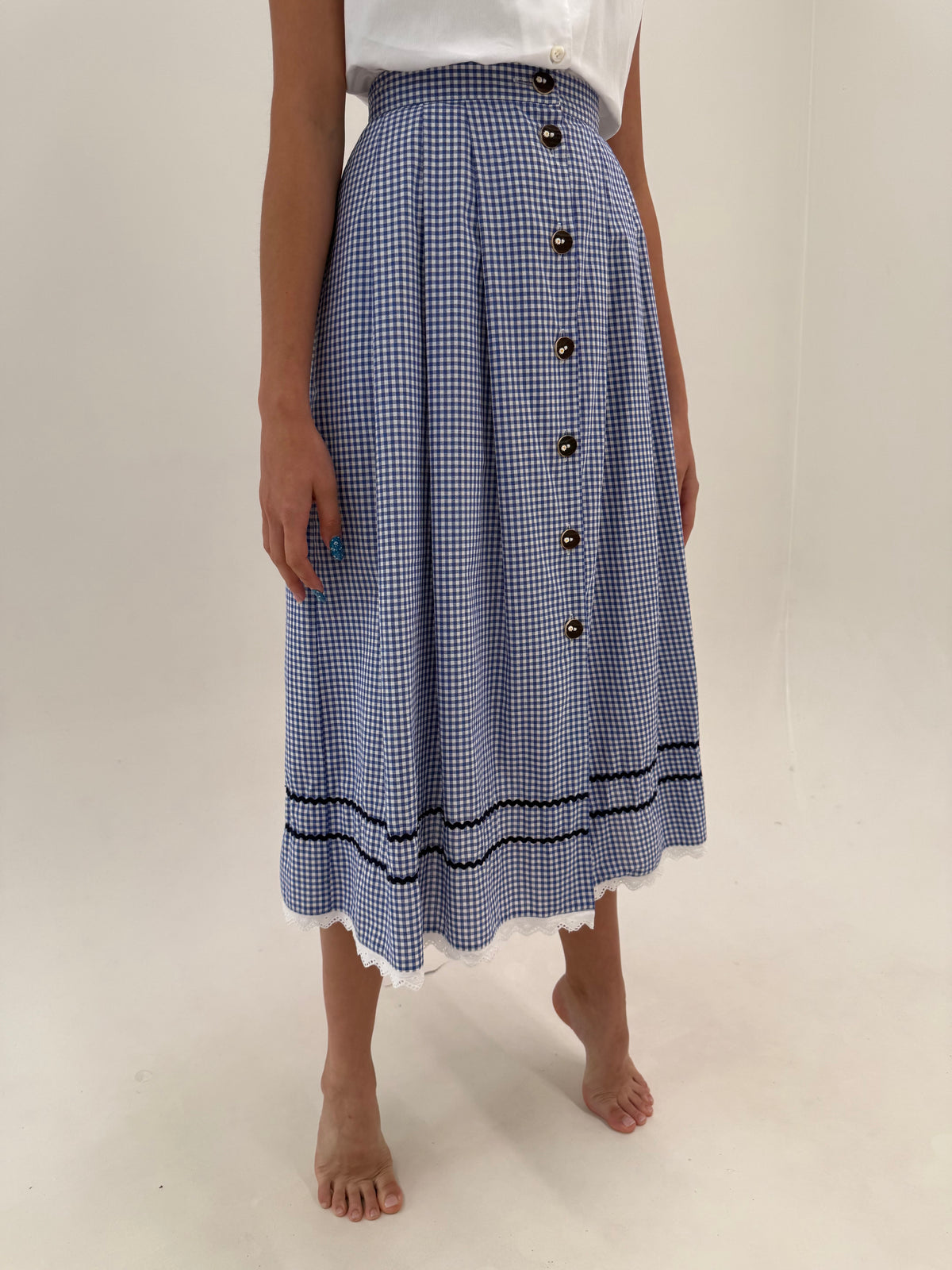Fustă maxi vintage gingham cu talie ultra marcată înaltă din canvas de bumbac