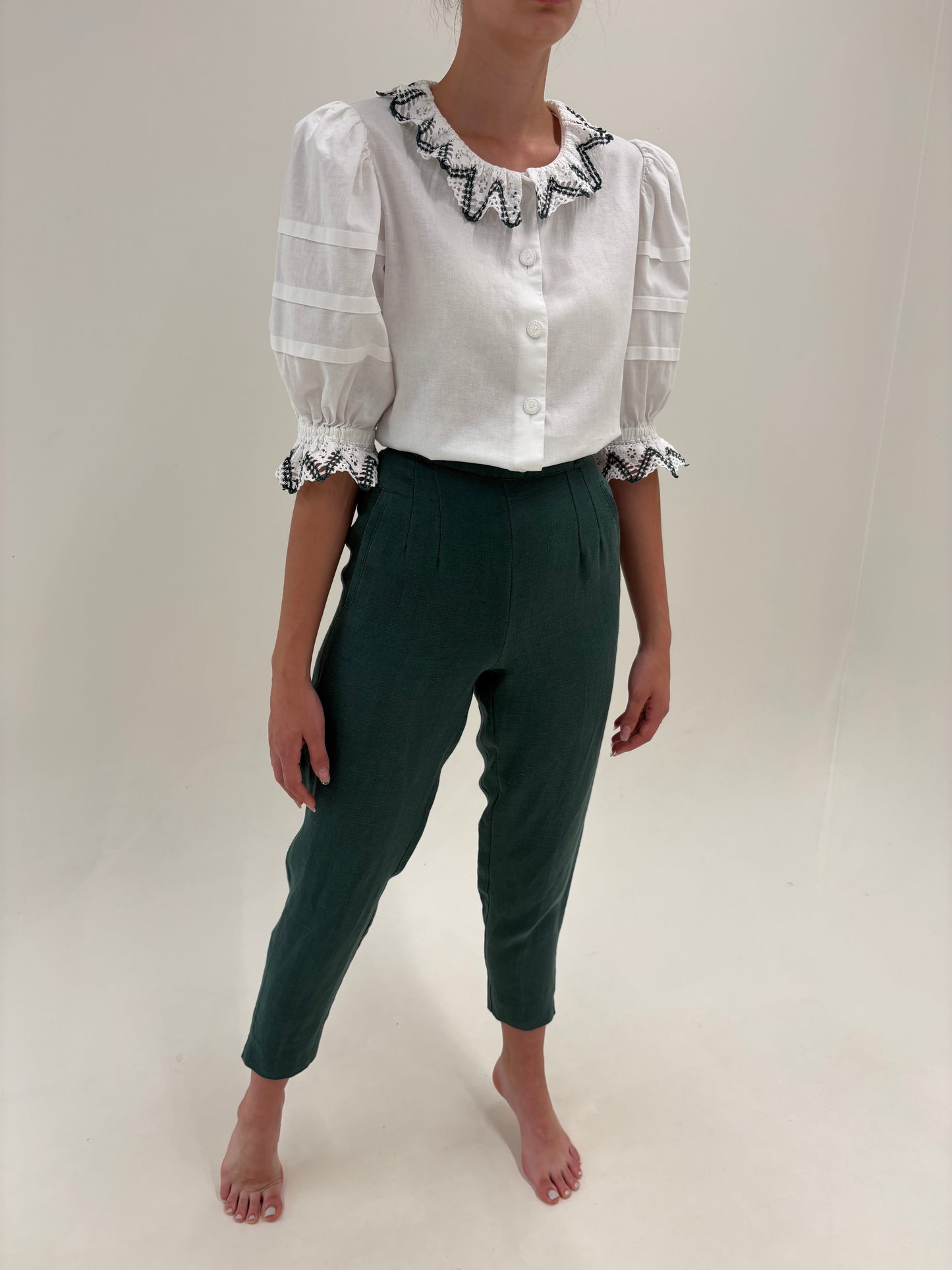 Pantaloni țigaretă din pânză de in dark green cu talie ultra înaltă
