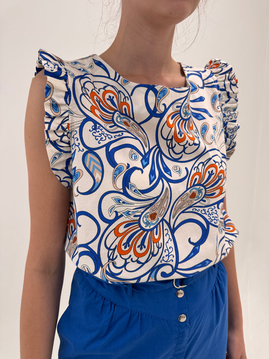 Top italian din poplin ultra chic cu print albastru regal și volane