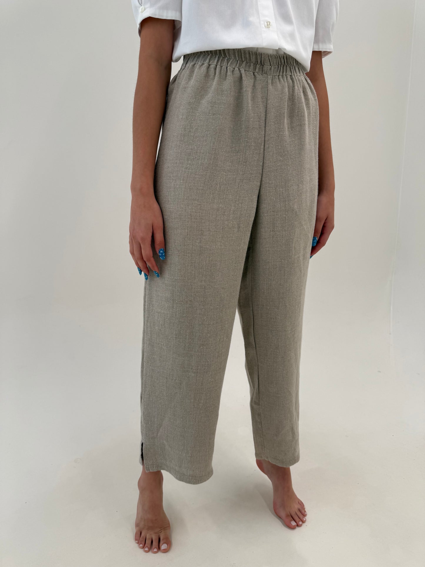 Pantaloni ultra confort din pânză excepțională de in cu talie ultra înaltă sand nude