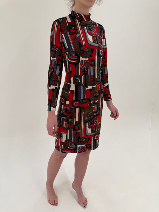 Rochie Mod Old vintage ani 60 târzii din lana extrafina cu print pop Art