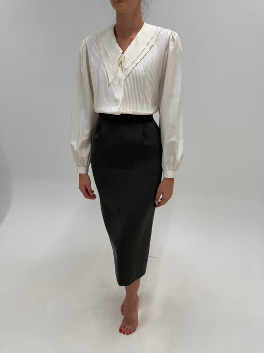 Fustă maxi creion din stofita de lana modelatoare cu talie extrem de marcată ultra înaltă