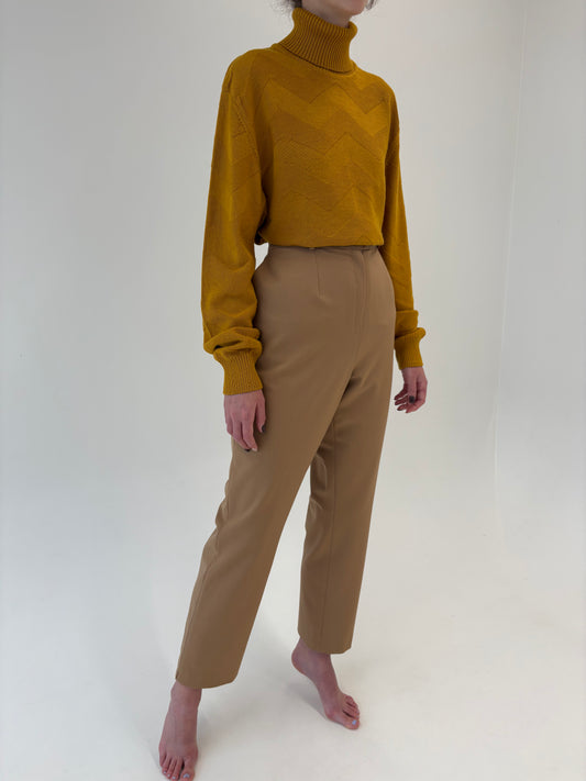 Pantaloni tall camel din lana extrafina cu talie ultra înaltă elastică