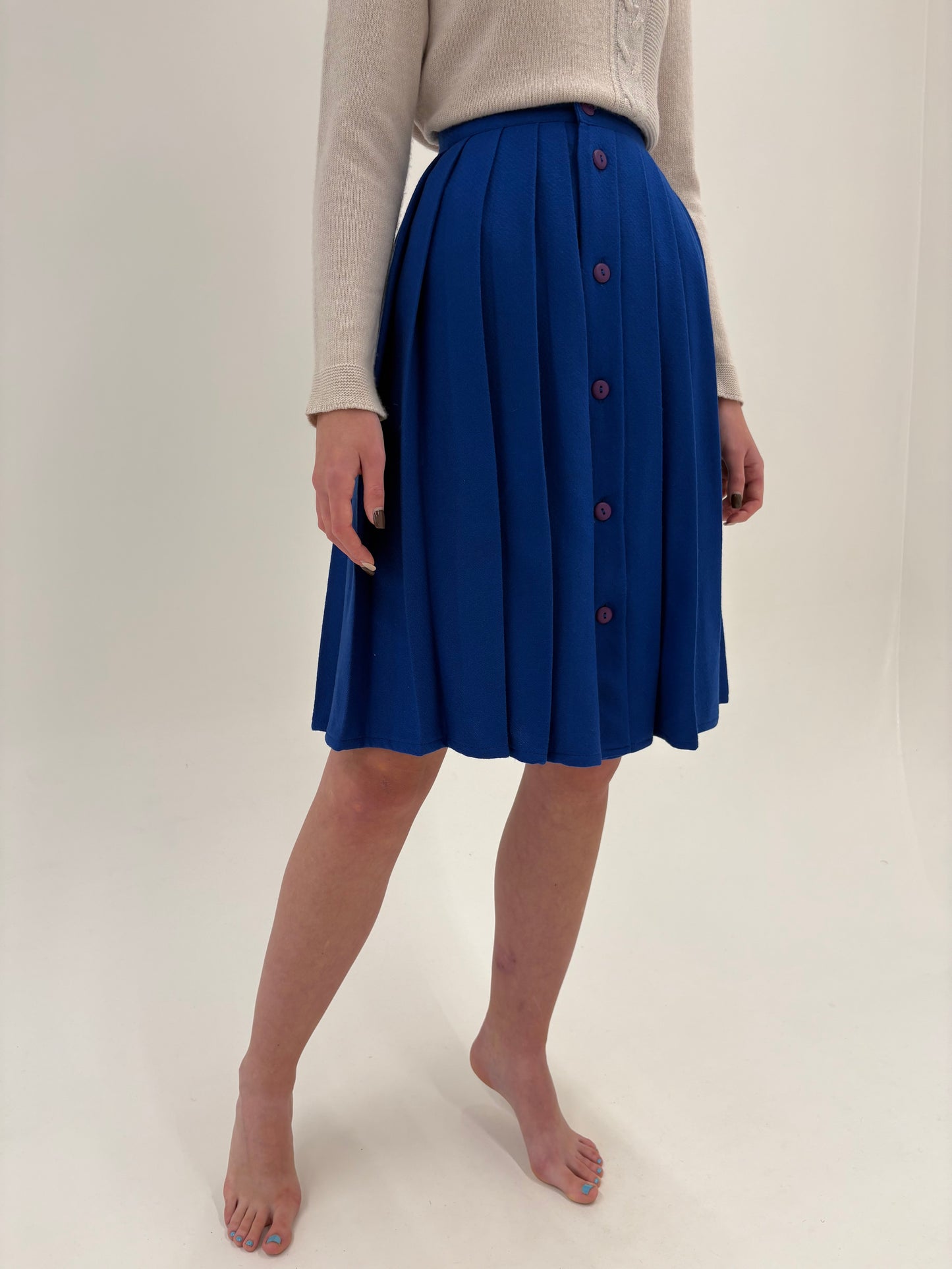 Fustă vintage plisată albastru regal din lana extrafina cu talie ultra înaltă