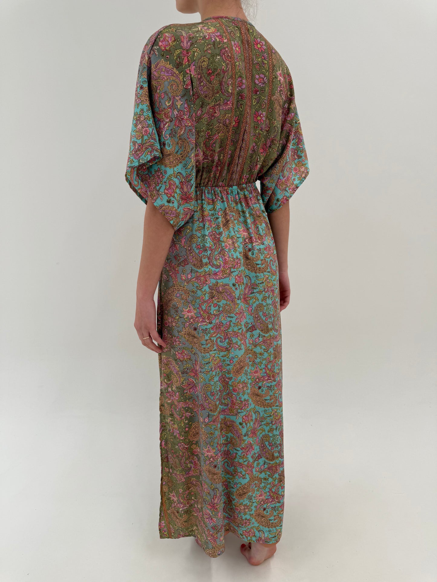 Rochie maxi boho chic cu talie reglabilă din 70% mătase naturală