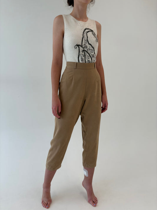 Pantaloni camel petite țigaretă cu talie ultra înaltă cu ușor aspect de piele întoarsă