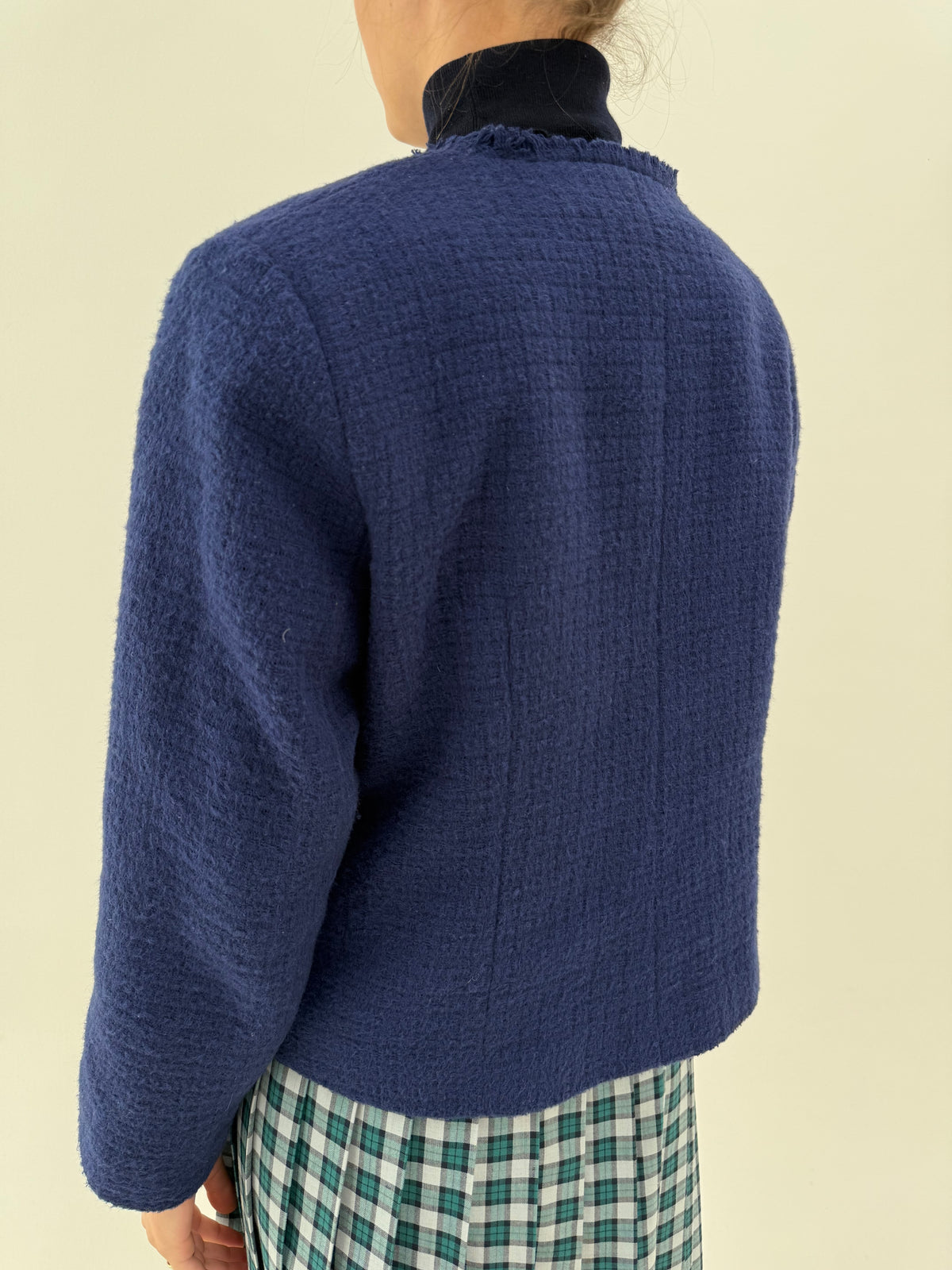 Sacou italian in stil Chanel din tweed de lana extrafina Navy blue