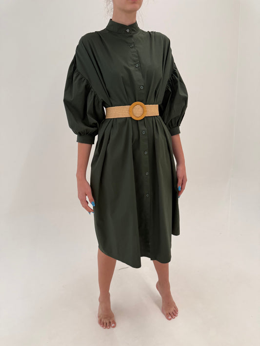Rochie kaki italiana în croi oversized din poplin de bumbac cu buzunare