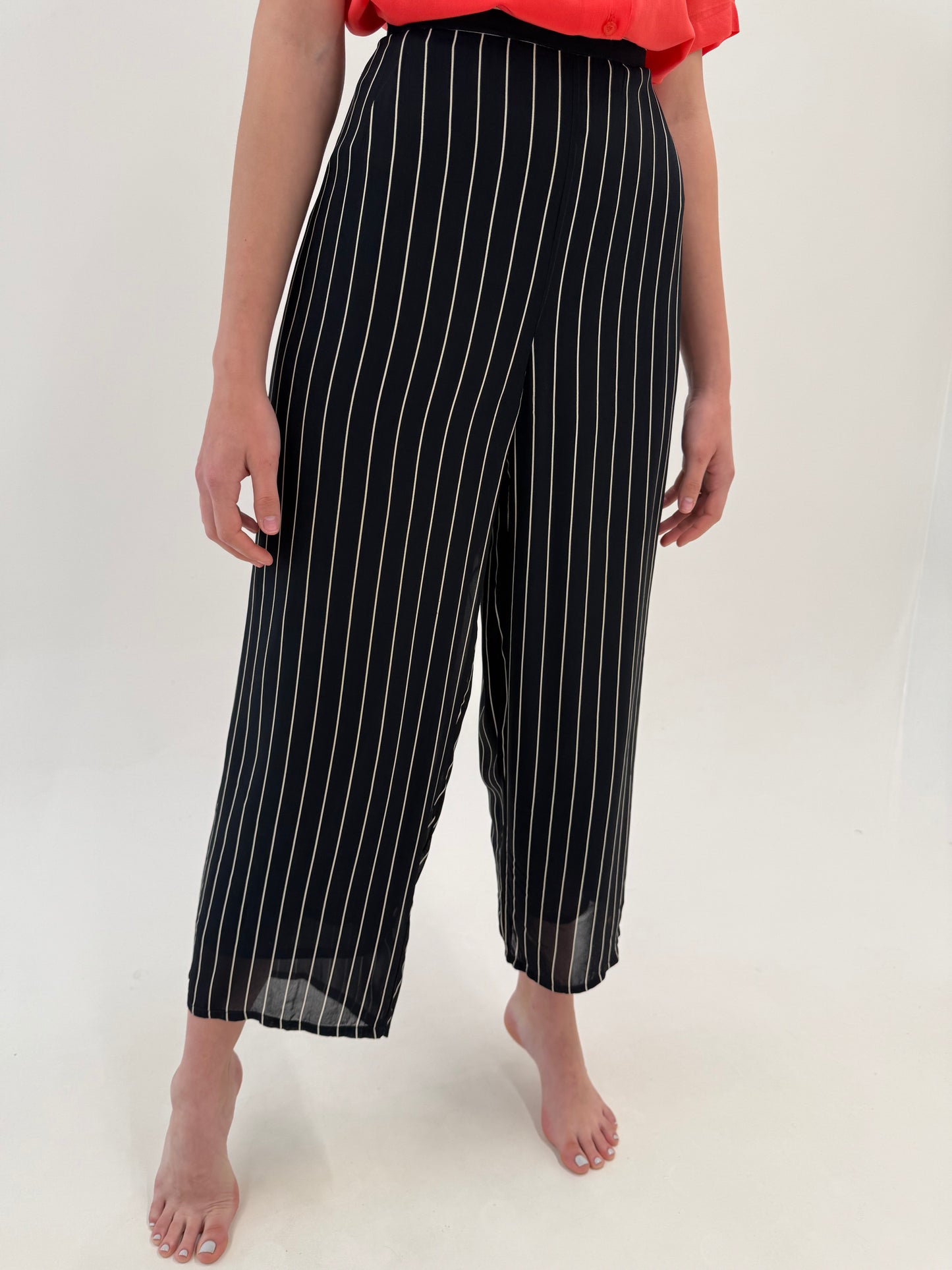 Pantaloni palazzo Navy cu dungi fine verticale și talie ultra înaltă