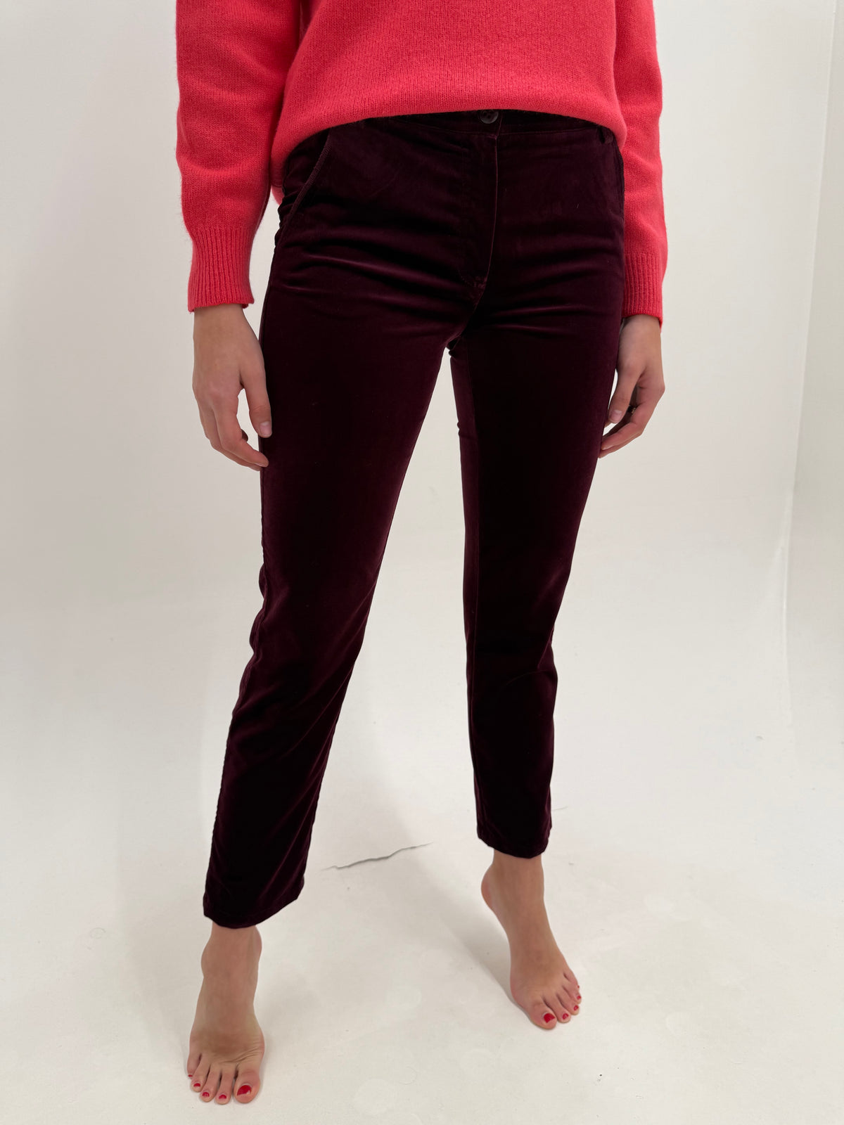 Pantaloni burgundy Luisa Spagnoli din catifea ultra confort petite