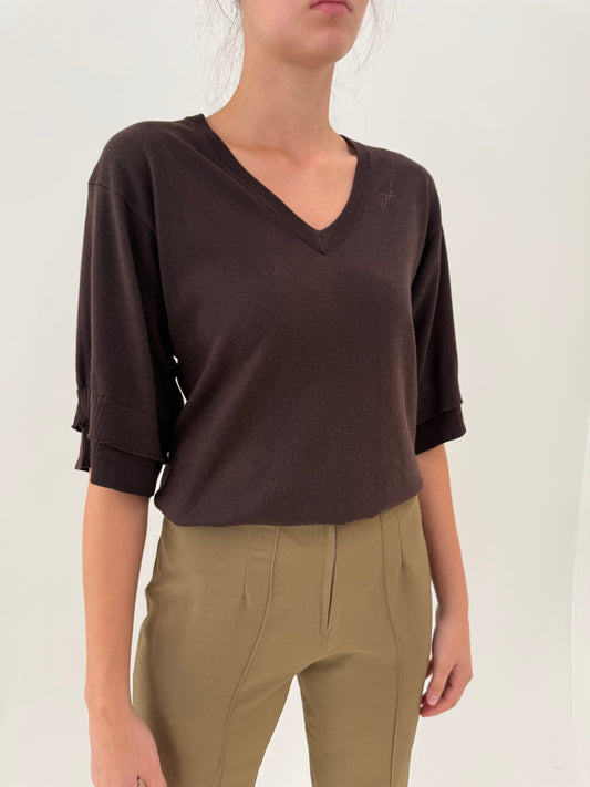 Top Trussardi chocolate brown din mătase naturală, cașmir și bumbac
