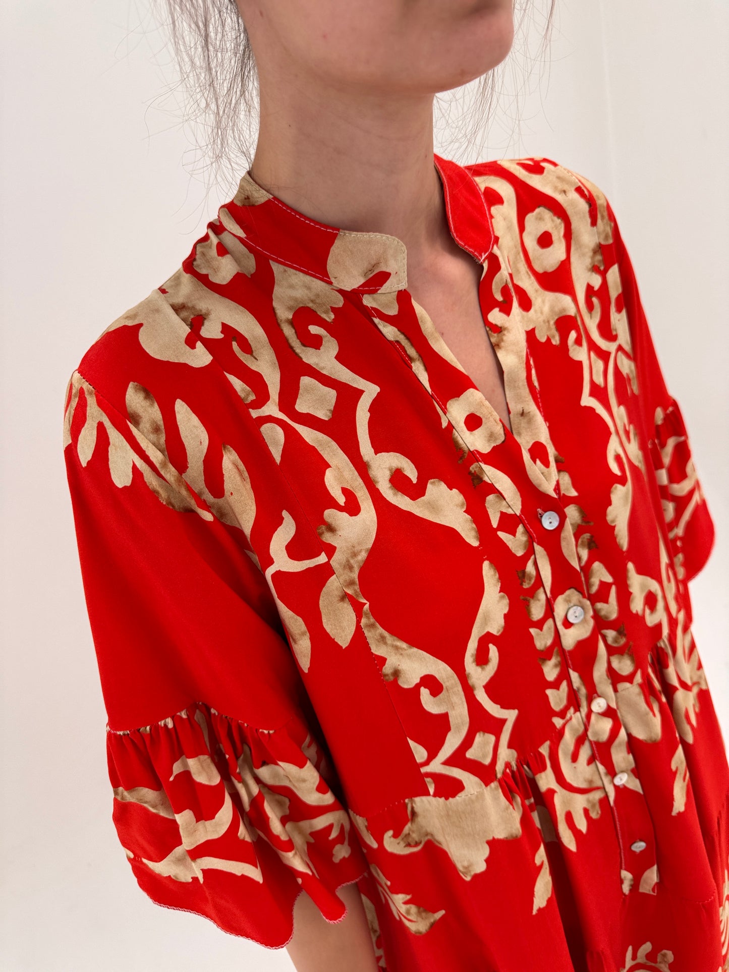Rochie maxi tip kaftan cu print camel în croi lejer super vaporoasă