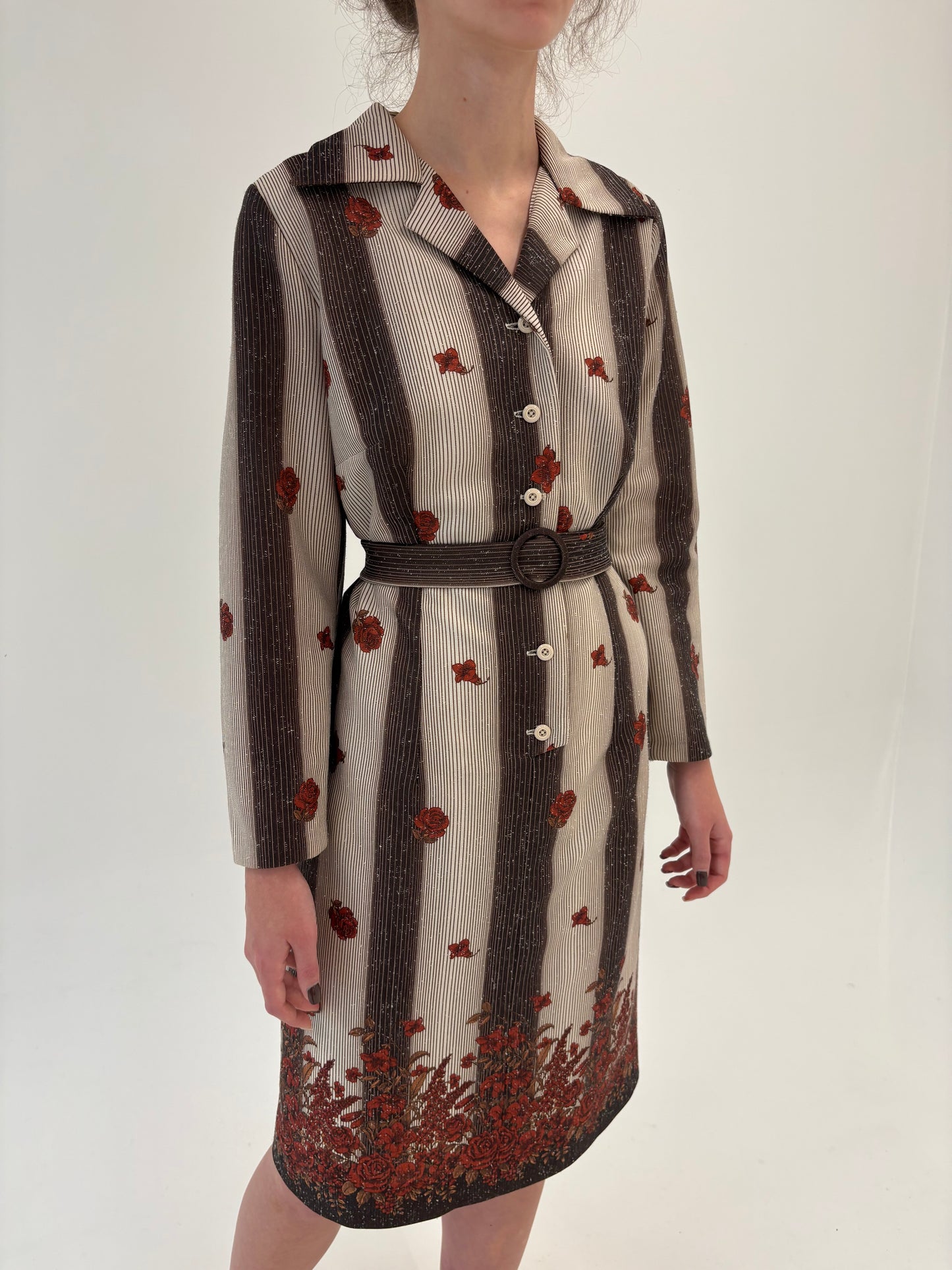 Rochie vintage din mix de lana cu print superb și talie marcată reglabilă