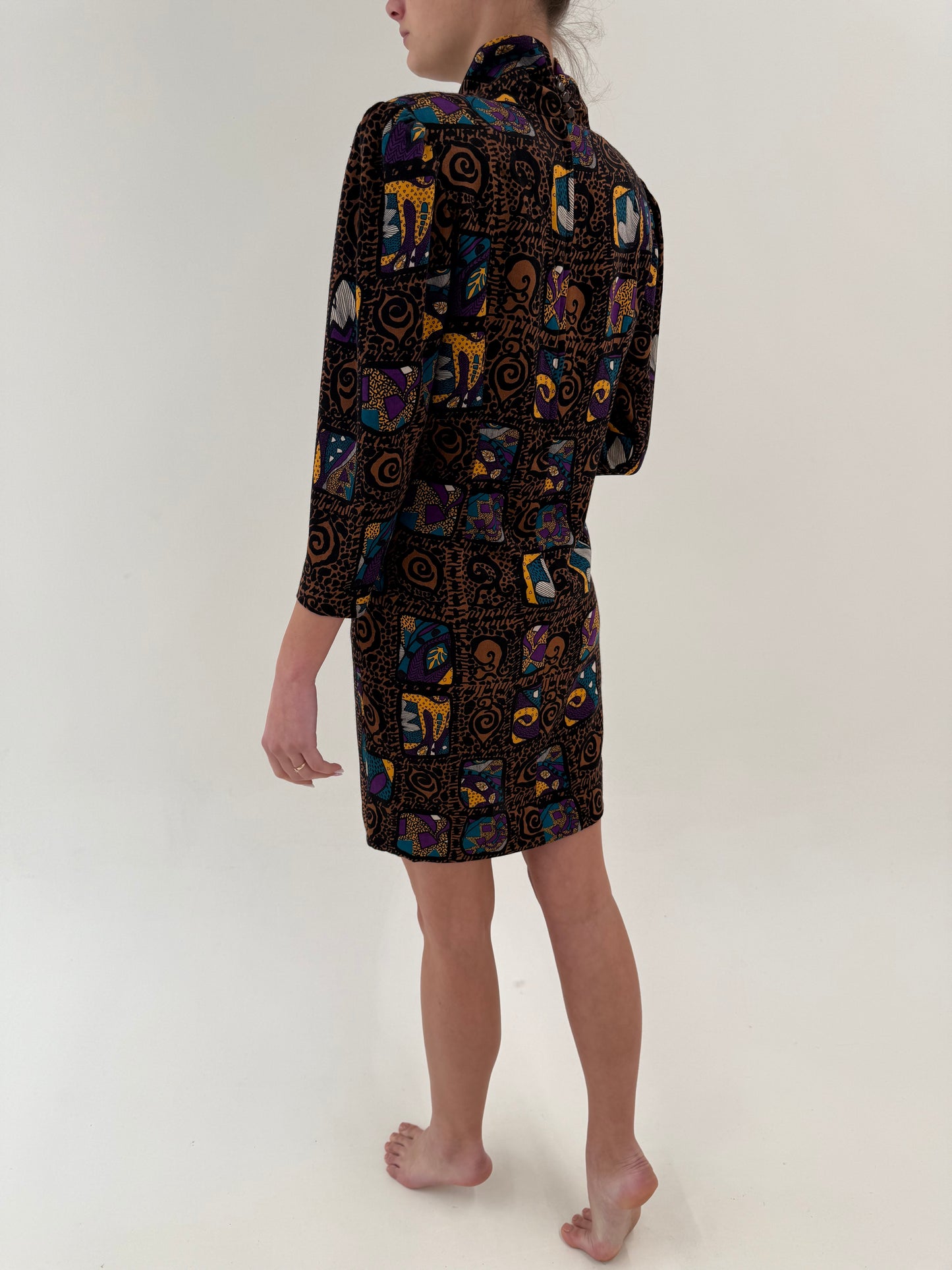 Rochie vintage cambrata cu fronseuri și print din lana extrafina subțire