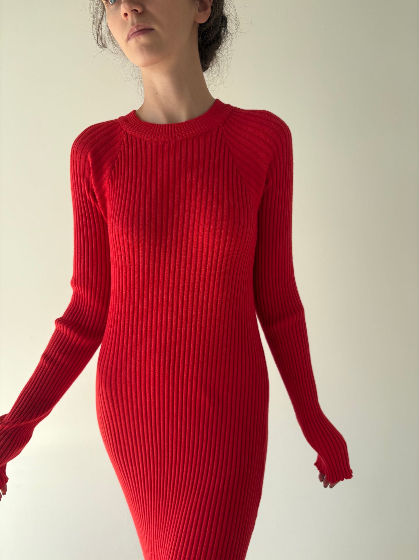 Rochie maxi tall din jerse ribbed de gramaj mare cherry red