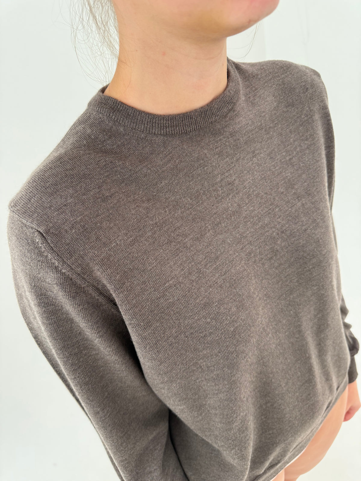 Pulover light taupe italian din lana merino extrafina crew neck