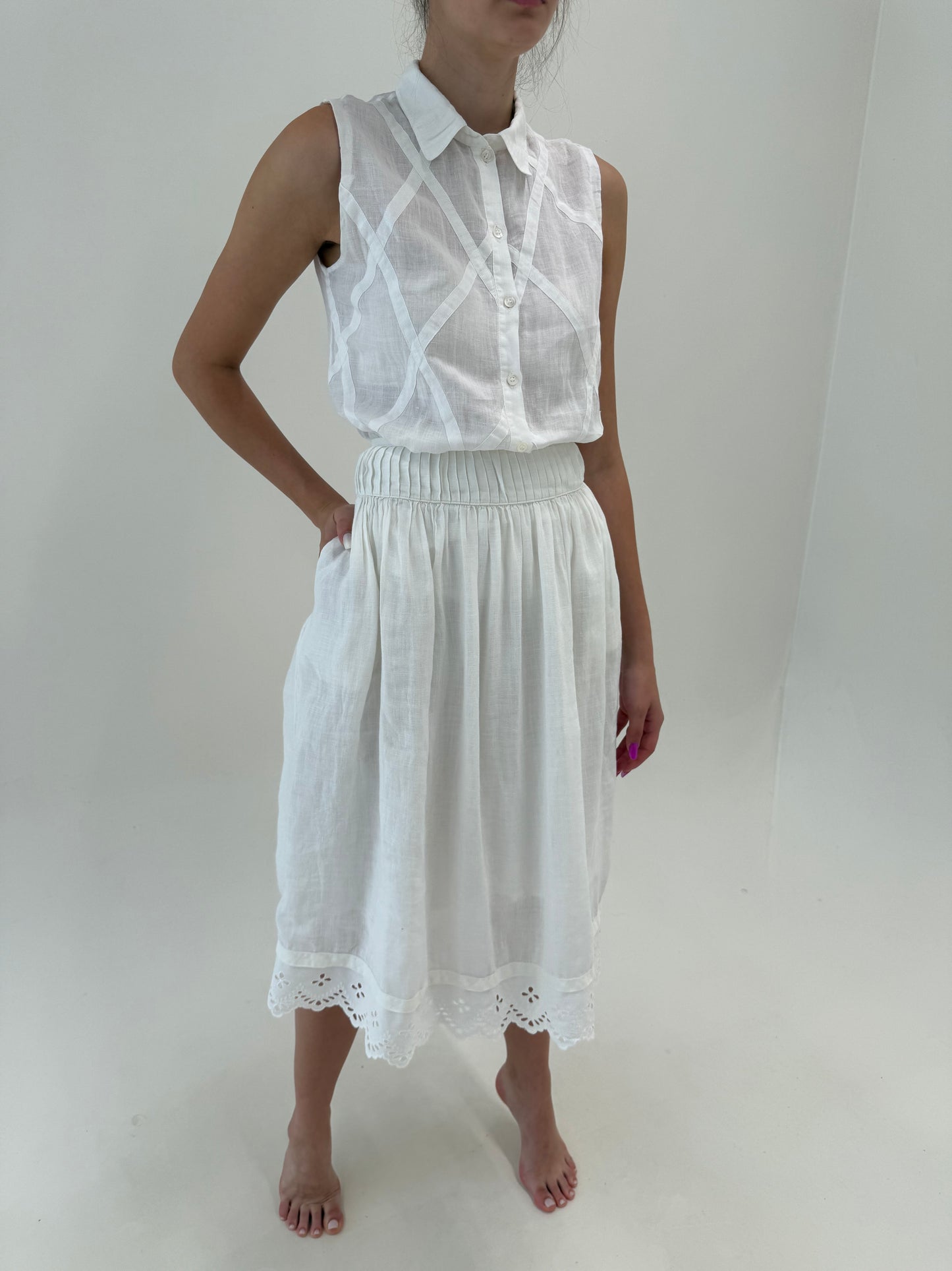 Fustă vintage din in premium cu talie ultra înaltă și broderie anglaise