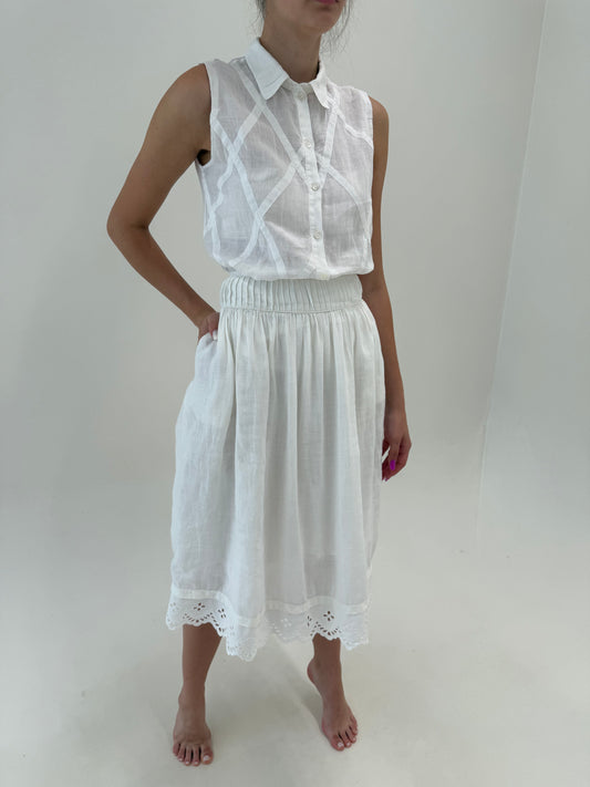 Fustă vintage din in premium cu talie ultra înaltă și broderie anglaise