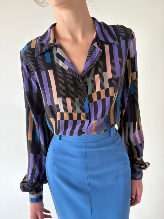 Cămașa din mătase naturală mată cu print geometric