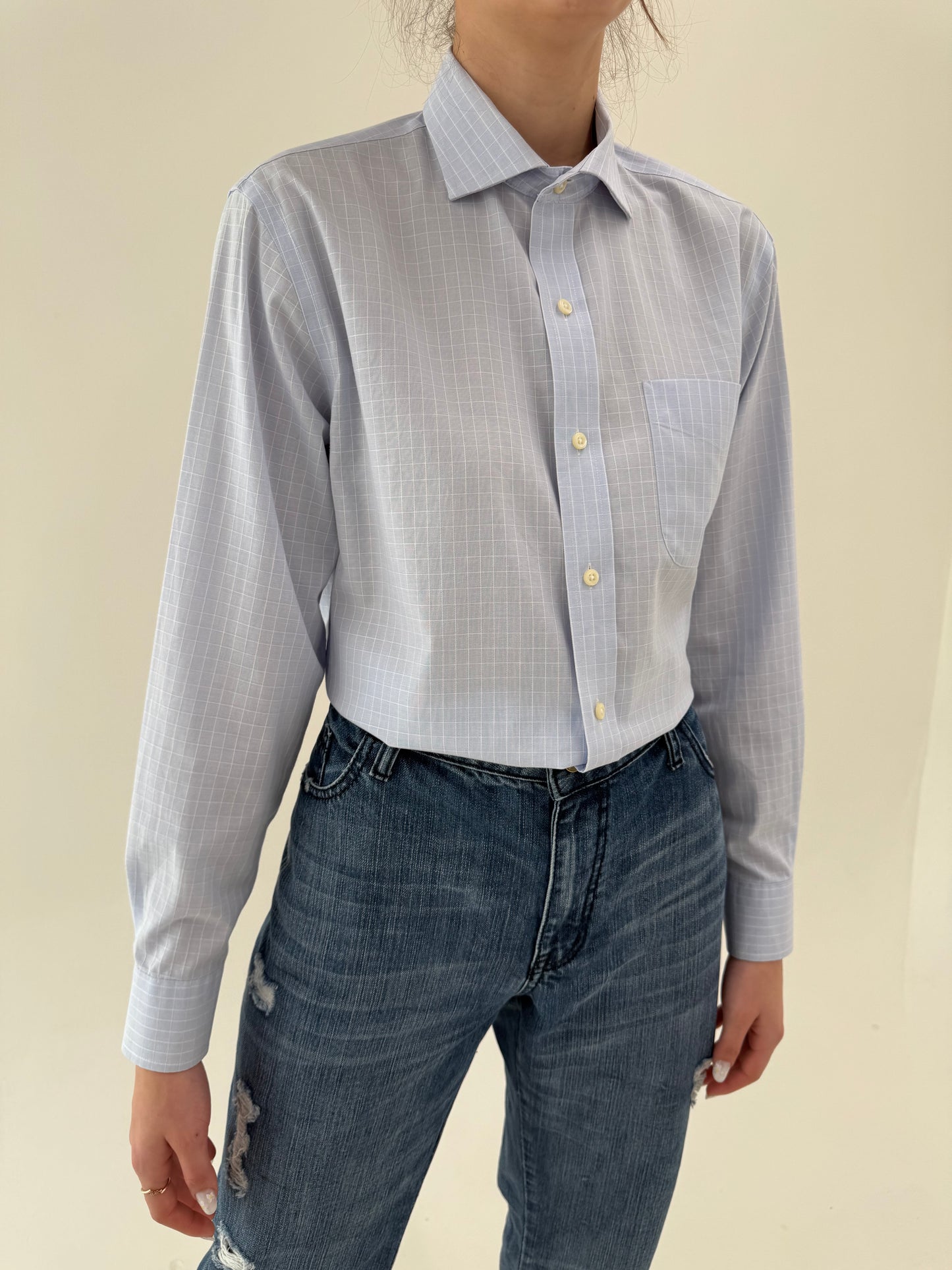 Cămașa Ralph Lauren baby Blue în carouri fine din poplin texturat