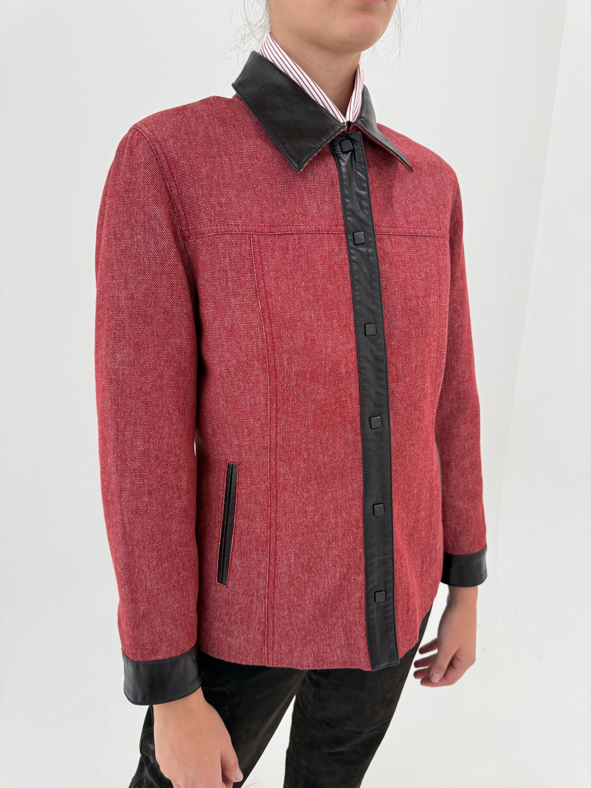 Jacheta din gama Max Mara din tweed de lana și bumbac cu inserții de piele naturală dark brown
