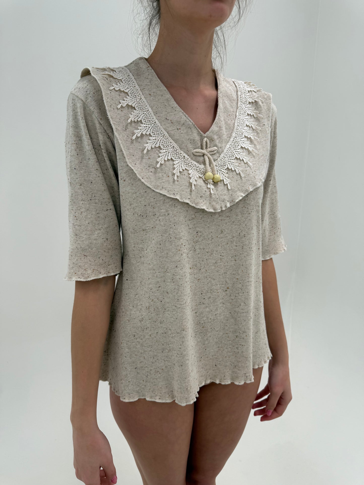 Set nude cu inserție de dantelă macrame din jerse ribbed structurat de bumbac