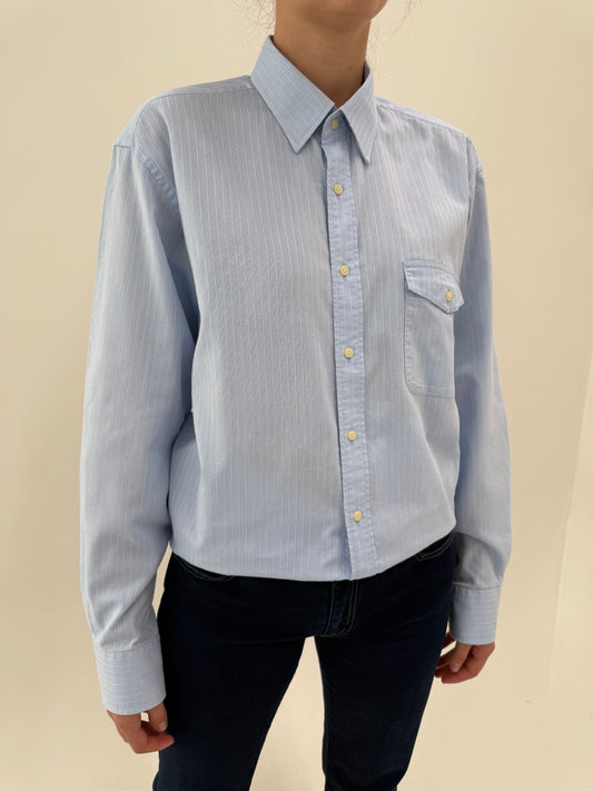 Cămașa luxury Cacharel baby blue din bumbac gros pique cu dungi fine
