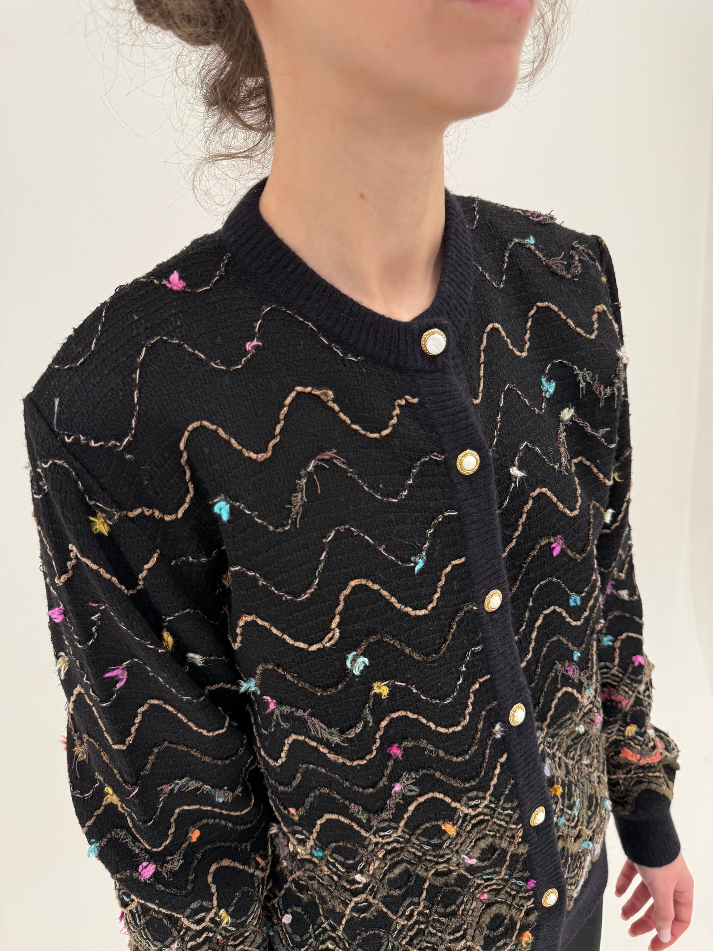 Cardigan vintage negru italian cu inserții superbe curcubeu