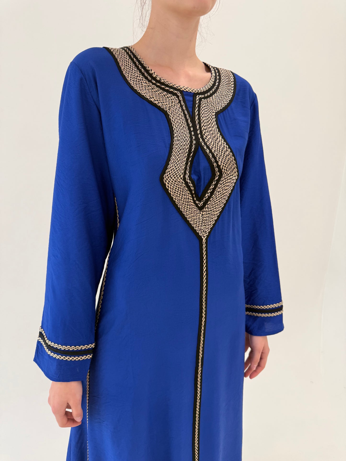Kaftan maxi albastru regal din panzica cu detalii auriu antichizat