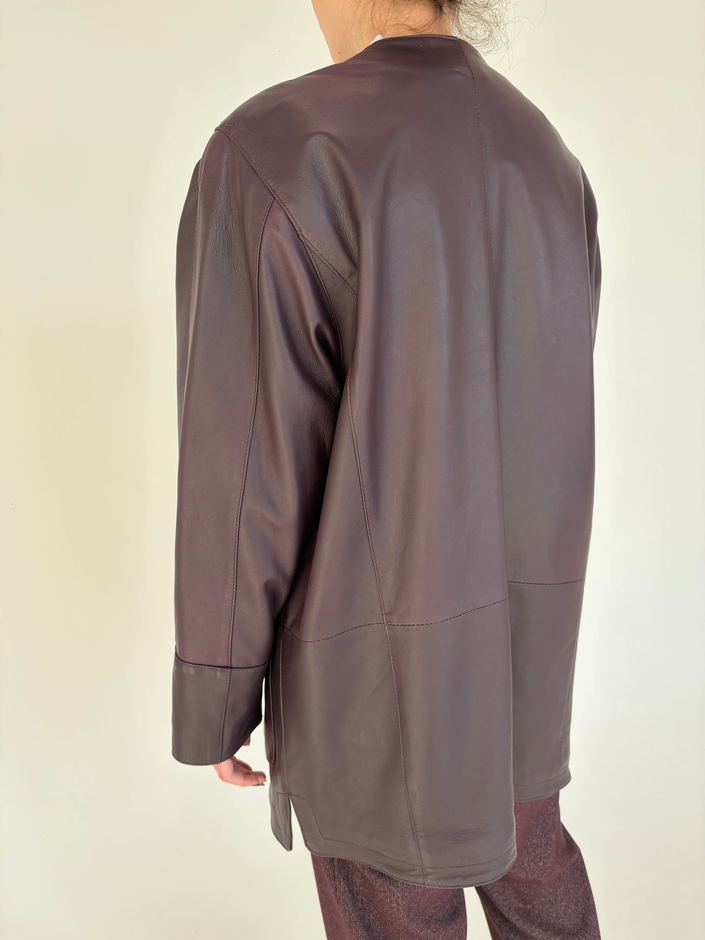 Geacă aubergine din piele naturală moale patchwork