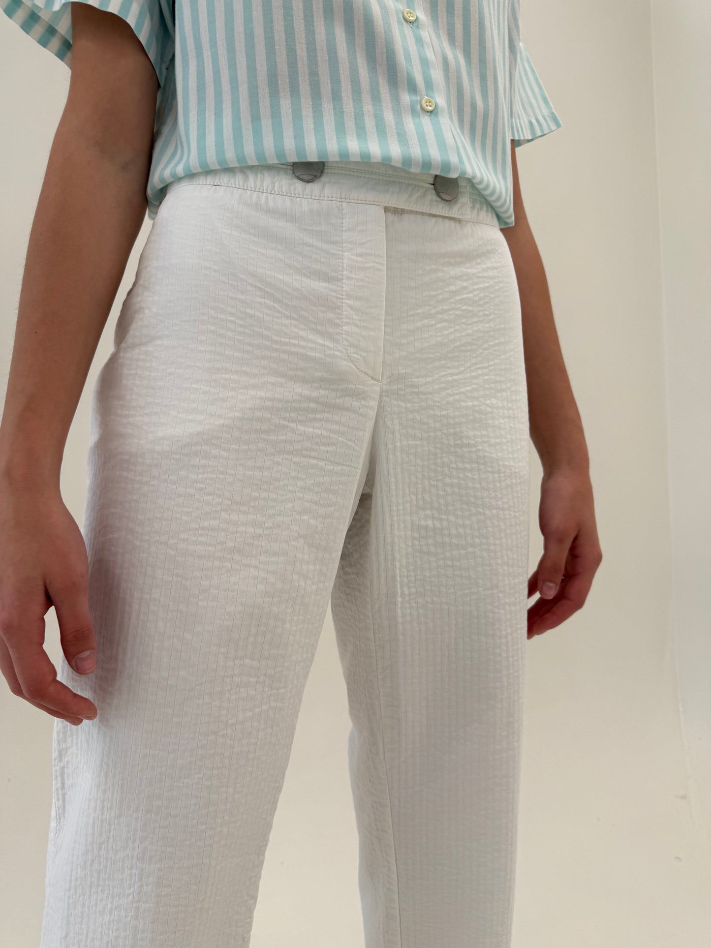 Pantaloni vintage din poplin deosebit de bumbac texturat cu dungi