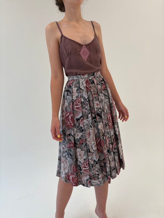 Fustă vinatge cu print floral superb old rose pink și talie ultra înaltă
