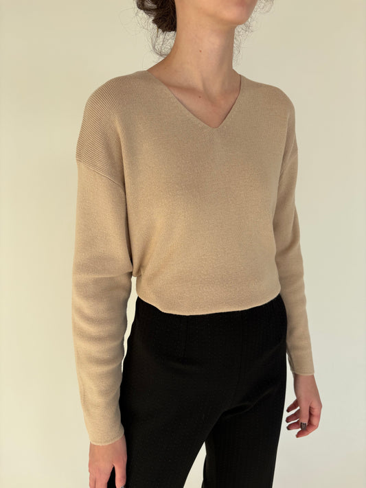 Pulover camel din lana merino extrafina ribbed in croi lejer