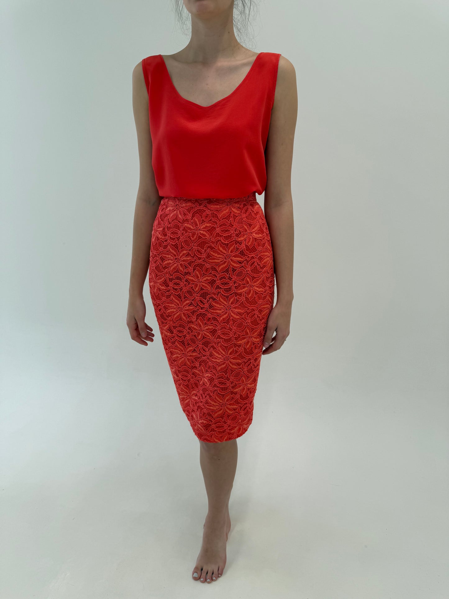 Set italian couture din dantelă quipure lucrat manual coral red