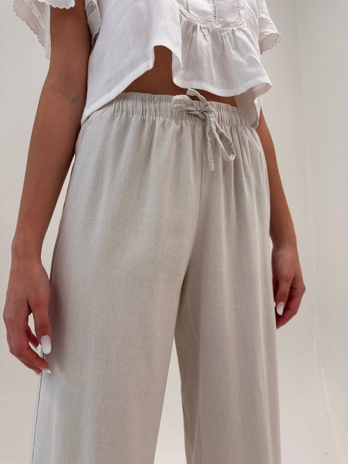 Pantaloni sand nude palazzo din pânză de in și bumbac