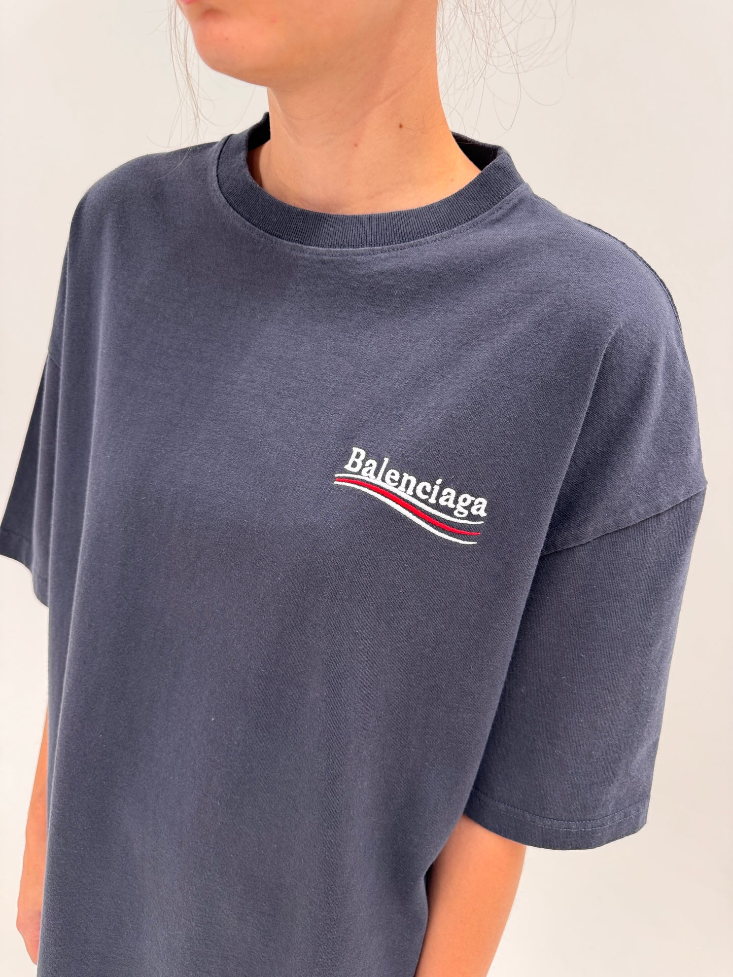 Tricou Balenciaga unisex oversized petrol gray din bumbac excepțional de gramaj mare