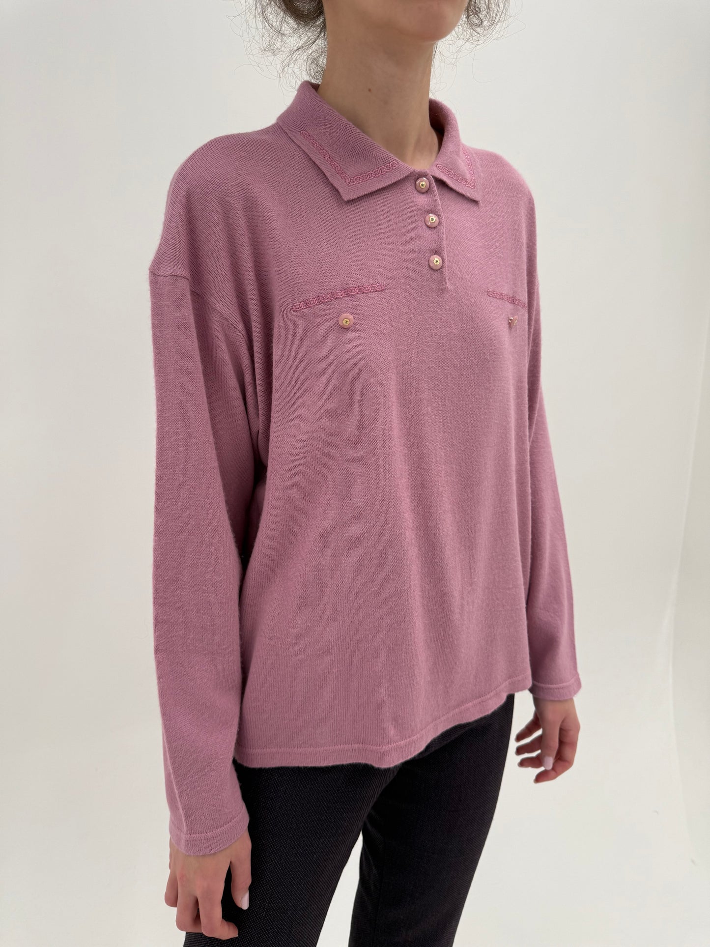 Pulover vintage polo dusty pink petite din lana merino extrafina în croi lejer