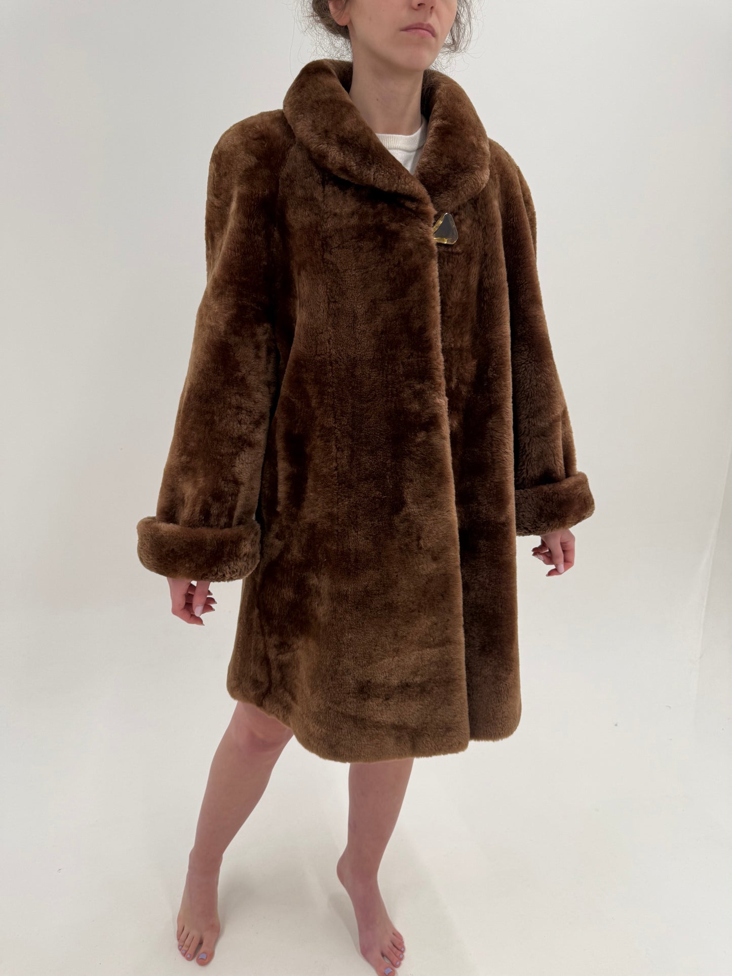 Blană naturală mouton în stil Teddy Coat în nuanța superbă de caramel