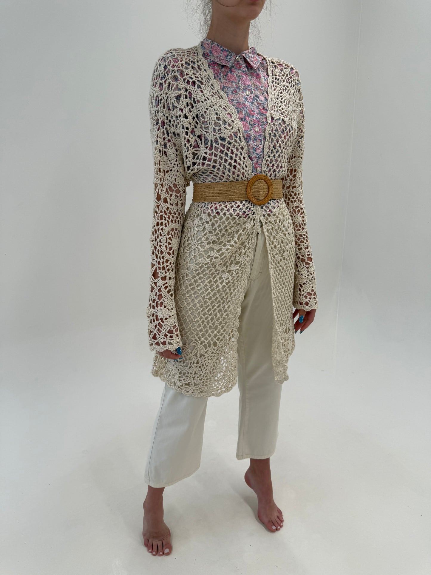 Cardigan lung din macrame de ham ca lucrat manual butter white