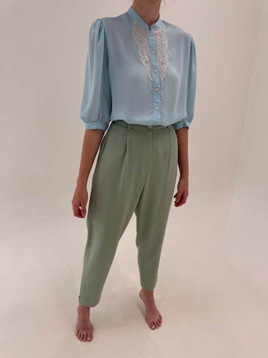 Pantaloni dusty mint green vaporosi de vară cu talie ultra înaltă