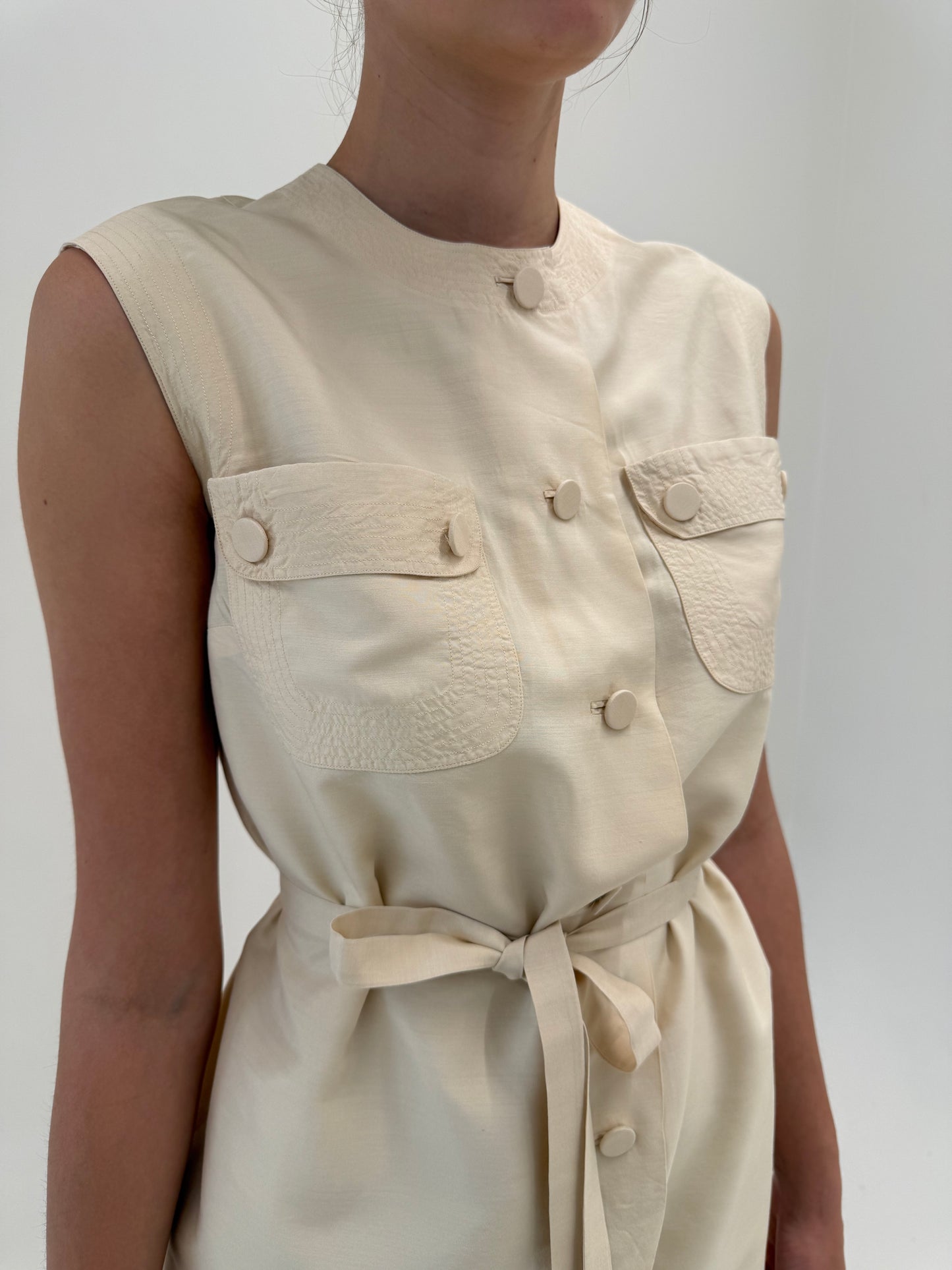 Rochie vintage din panza de mătase naturală butter white în stil Safari