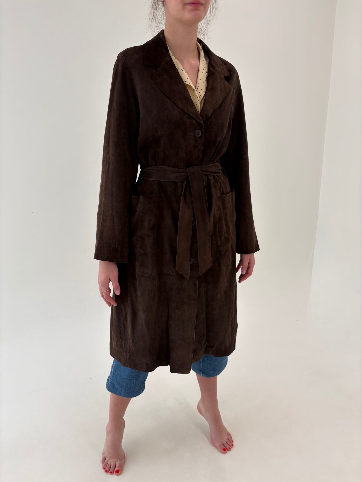 Trench chocolate brown tall din cel mai fin suede subțire cu talie reglabilă