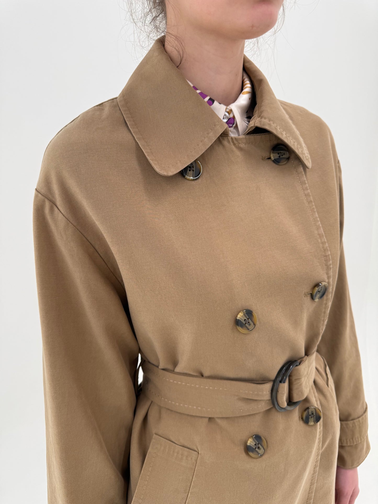 Trench în croi lung din gabardină moale de bumbac cu talie reglabilă